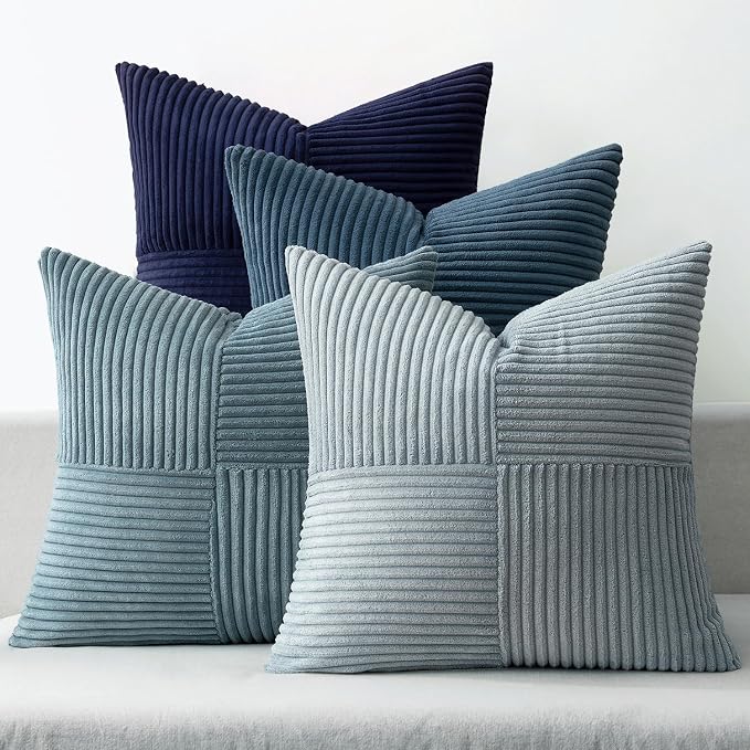 MIULEE Dusty Blue Navy Farmhouse Throw Pillow Covers 20x20 Inch Set of 4 Boho Patchwork Gradient Cushion Cases Western Modern Pillow Cases Corduroy Home Decor for Couch Sofa Living Room Bed