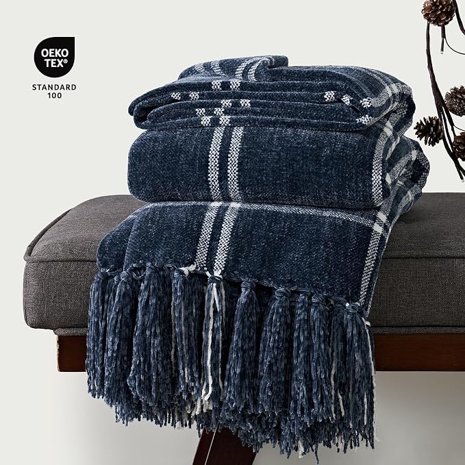 Plaid Chenille Knit Throw Blanket, 50"x60", Navy & White | Soft Knitted Throw with Tassels, Cozy, Lightweight, Windowpane Grid Plaid, Decorative Farmhouse Throw for Couch Bed Sofa Gift