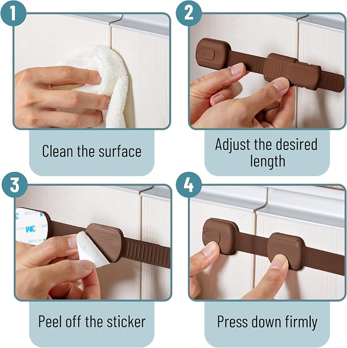Bates- Child Safety Strap Locks, 12 Pack, Brown, Child Locks for Cabinets and Drawers