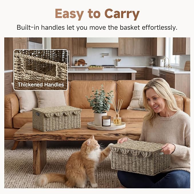 StorageWorks Scalloped Edge Wicker Basket, Seagrass Storage Baskets for Living Room, Bedroom, 15" L x 11 ¼" W x 7" H | Rattan Storage Baskets with Scalloped Edge, Basket with Lid Decorative Storage, Woven Wicker Basket for Living Room, Bedroom