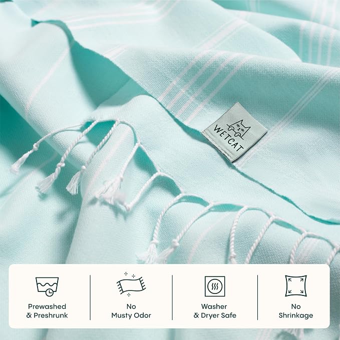 WETCAT Turkish Beach Blanket Sandproof (82"x82") 100% Turkish Cotton, Made in Turkey - Sand Free, Ultra Soft, Extra Large Throw for Picnic – Aqua
