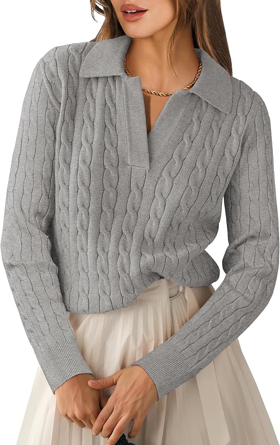 ANRABESS Womens Cable Knit Sweaters Long Sleeve V Neck | Pullover Collared Sweater Tops, Polo Knit Shirts, Business Casual Work, Tennis Golf, Fall Winter Fashion Outfits