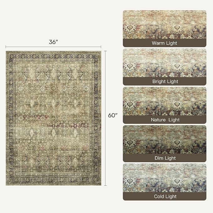 3x5 Area Rugs for Entryway, Brown Washable Non-Slip Area Rug for Kitchen | Low Pile Soft Small Rugs, Vintage-Style Carpet for Bathroom Bedroom Tool Room, Stain Resistant, Foldable Distressed Rug