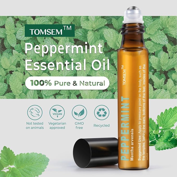 Peppermint Essential Oil Roll On, Mint Aromatherapy Rollerball, Cooling & Refreshing Scent for Travel, Focus, Relaxation, Easy-Apply Essential Oil Roller, 10ml/0.33 Fl Oz