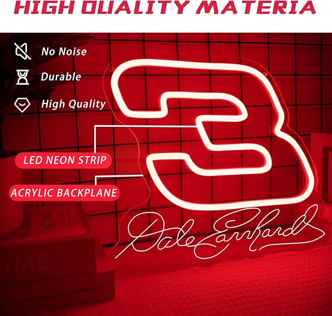 Dale Earnhardt's 3 Neon Sign Legends Never Die Neon lights Racing Themed Light Sign Tribute to The Intimidator for Wall Decor Neon Light for Racing Fans and Man Caves Gifts(12.9 * 10.7in)