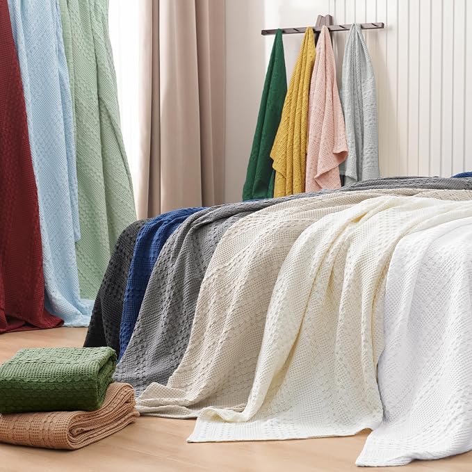 PHF 100% Cotton Waffle Weave Blanket Queen Size, Lightweight Breathable Summer Blanket for Hot Sleepers, Pre-Washed Soft Layer for Bed, Couch, Aesthetic Home Decor & Gift, 90"x90", Light Grey
