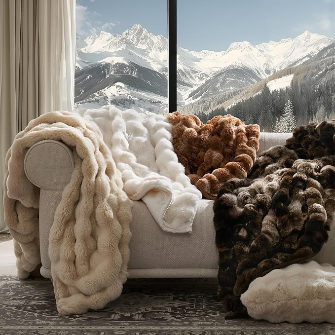 Faux Rabbit Fur Bubble Throw Blanket, 50"x60", Cream | Ultra Soft, Luxury Faux Rabbit Fur Throw, Thick Warm Bubble Blanket, Cozy Fluffy Reversible, for Bed, Couch, Chair, Sofa