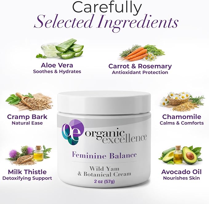Organic Excellence Feminine Balance Wild Yam & Botanical Cream for Women – 2 fl oz