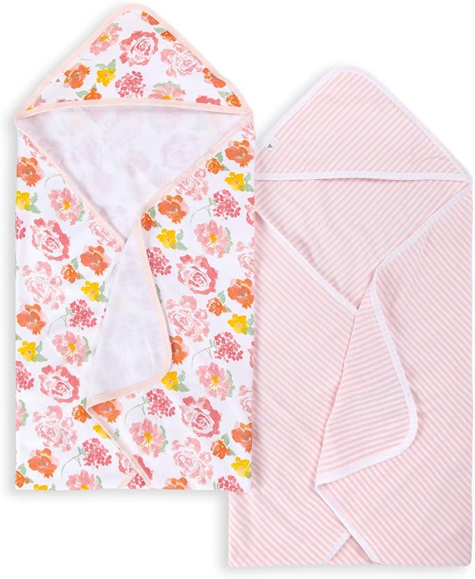 Burts Bees Baby Infant Hooded Towels Rosy Spring Organic Cotton, Unisex Bath Essentials and Newborn Necessities, Soft Nursery Towel with Hood Set, 2-Pack Size 29 x 29 Inch