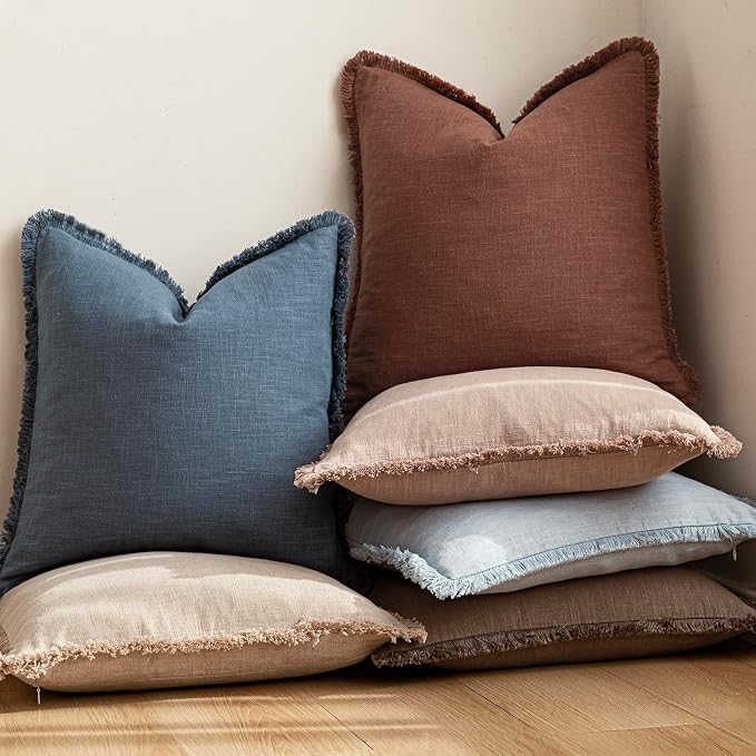 Foindtower Set of 2 Decorative Linen Fringe Throw Pillow Covers Cozy Farmhouse Cushion Cover with Tassels Accent Pillowcase for Couch Chair Sofa Bed Living Room Home Decor,24×24 Inch,Dark Blue