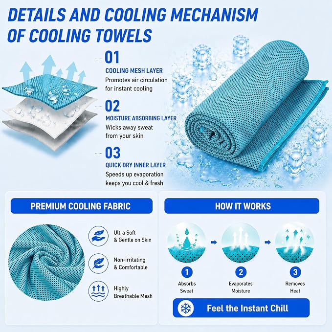 Amgico 8 Pack Cooling Towels 40"X12", Cooling Neck Wraps for Men and Women, Ice Towel, Soft Breathable Durable Towels for Yoga, Pilates, Tennis, Golf, Gym, Workout, Sports & More Activities