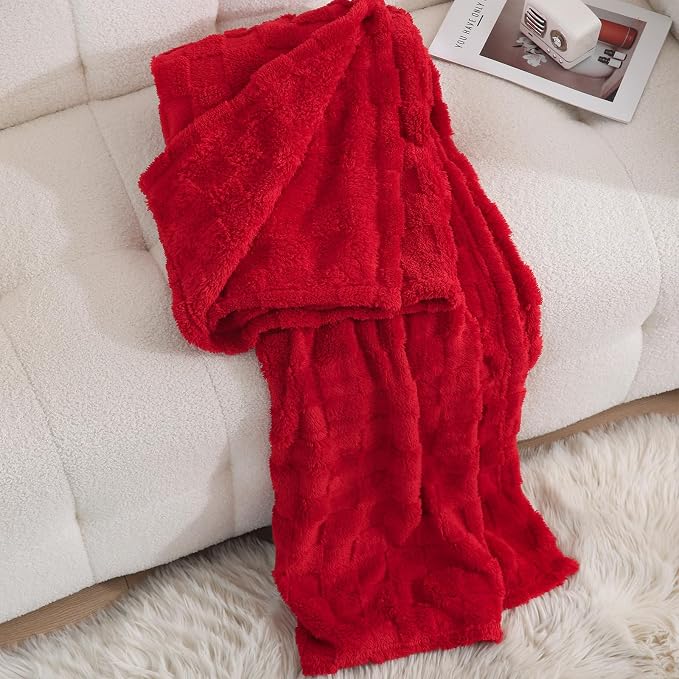 Red Fleece Throw Blanket 60”×80”Checkered Design for Couch Sofa | Super Soft Cozy Plush Microfiber 3D Square Pattern Flannel Blanket for Bed Lightweight for Adults,Women