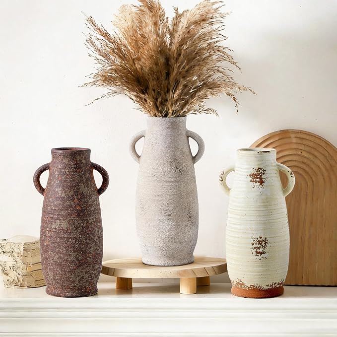 Ceramic Rustic Farmhouse Vase, Distressed Decorative 12 Inch Flower Vase for Home Decor, Ideal Shelf Decor, White Boho Vase for Living Room Bedroom Kitchen Office Decor Centerpiece Table Decorations