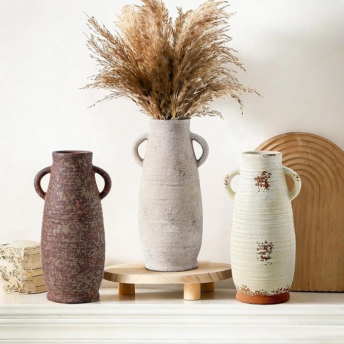 Ceramic Flower Vase with Handles, 12.3 Inch Tall Vase for Centerpieces, Large Decorative Terracotta Vases, Farmhouse Rustic Vases for Home Decor, Living Room, Table, Neutral