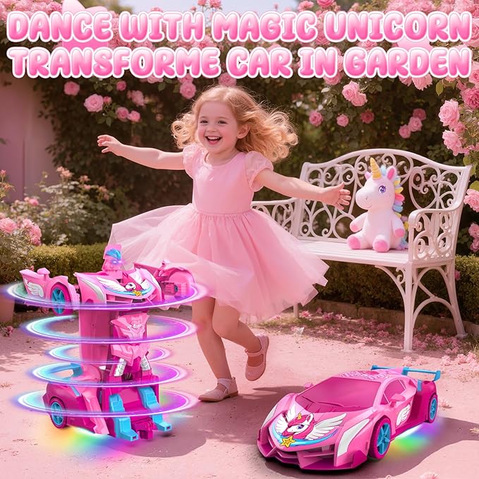 Unicorn Transform RC Cars for Girls Toys with Rainbow Eyes & Underbody Lights, Fast 360°Rotation & 2.4GHz Robot Remote Control Car One-Button Deformation,Stocking Stuffers for 3-12 Year Old Girl Gifts