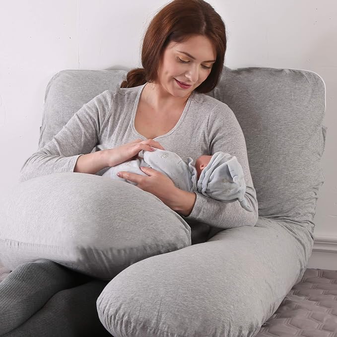 Amagoing 57 inches Pregnancy Pillows for Sleeping, U Shaped Maternity Full Body Pillow for Pregnant Women with Hip, Leg, Back, Belly Support, Washable Jersey Cover Included (Light Gray)