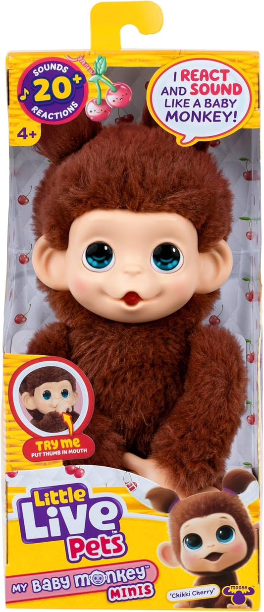 Little Live Pets Baby Monkey Minis – Chikki Cherry. Interactive Pet Toy. 20+ Sounds & Reactions. Soft Brown Fur. 7.4" Tall. Super Realistic. Feed, Nurture, React. Grippy Hands & Feet. Collect All 3