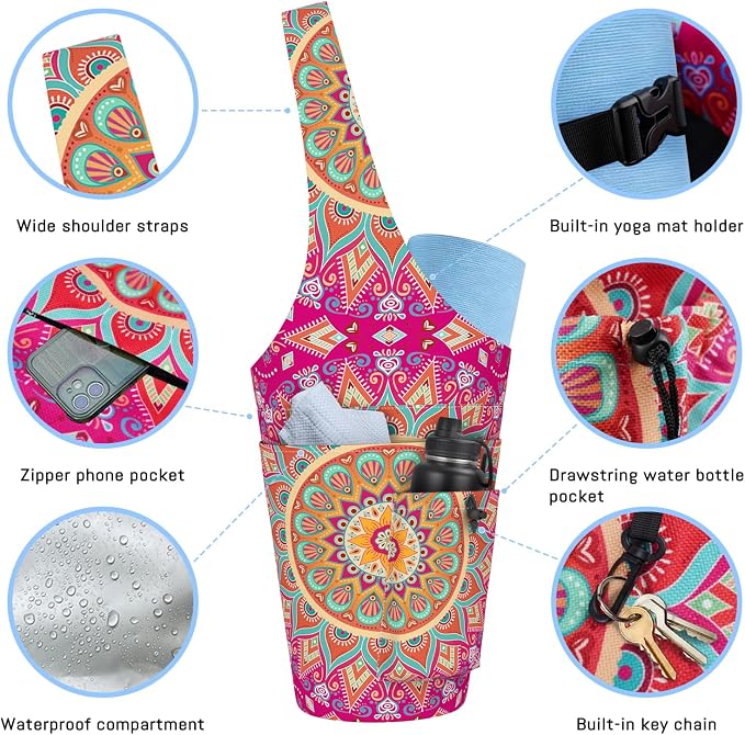Mandala Yoga Mat Bag with Large Waterproof Zipper Pocket and Drawstring Pocket Long Tote Yoga Mat Carrier Holder Bags Fit Most Size Mats