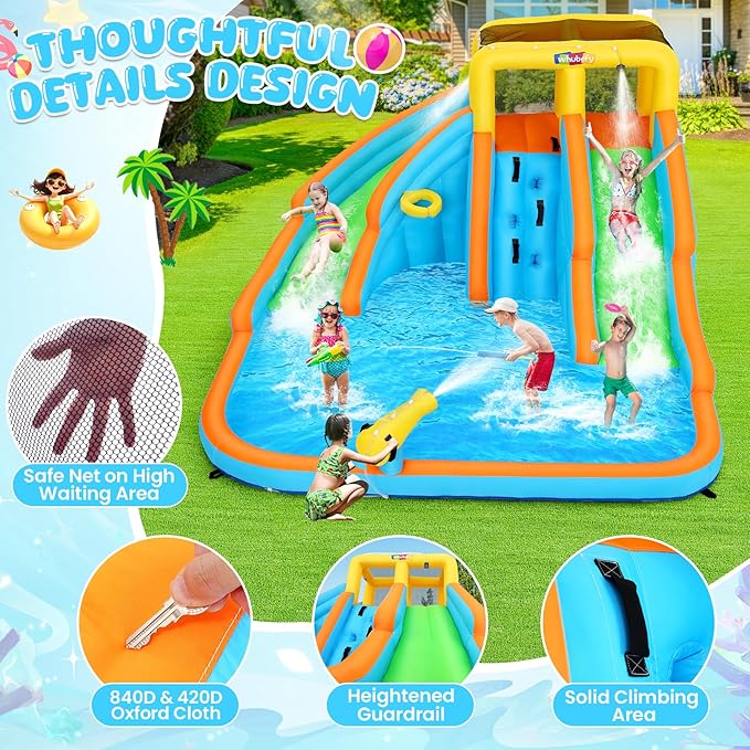 11x10.2 FT Inflatable Dual Water Slide w/Catch Ball Set, 11-in-1 Blow Up Waterpark w/2 Long Slides, Splash Pool, Climbing Wall, Basketball Rim, Water Cannon - 5 Water Toys & Inflatable Ball & Blower