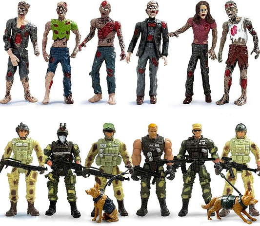 Army Men VS Zombie Action Figures, Realistic 6 Zombie Toys Playset 6 Army Toy Set with Weapons 2 Dog Figures, Halloween Decor Birthday Gift for Boys 3+ (14PCS)