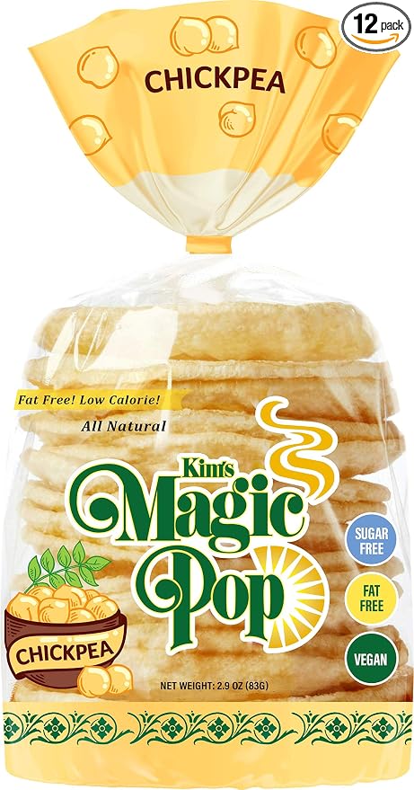 Kim's Magic Pop Freshly Popped Rice Cakes | Vegan | Chickpea Flavor | 12 Bags | 15 Cakes per Bag | Low Carb, Sugar Free, Fat Free, Natural, Multigrain Korean Snack | Easy Bread, Chip, Cracker Replacement