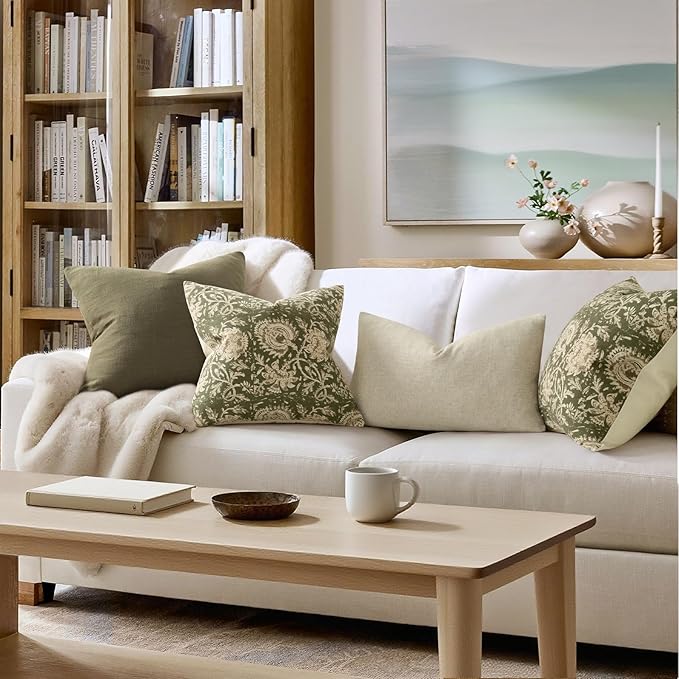 Vintage Floral Print Throw Pillow Covers 26x26 Set of 2 Neutral Modern Farmhouse Accent Decorative Cushion Covers Boho Home Decor for Couch Sofa Chair Bed Living Room, Olive Green