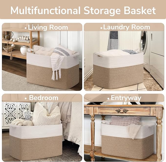 Goodpick 105L Extra Large Woven Rope Blanket Basket, White & Light Brown | 25'' x 16'' x 16'' Storage Basket for Blankets, Toys & Pillows, Living Room & Bedroom Organization, Reinforced Handles