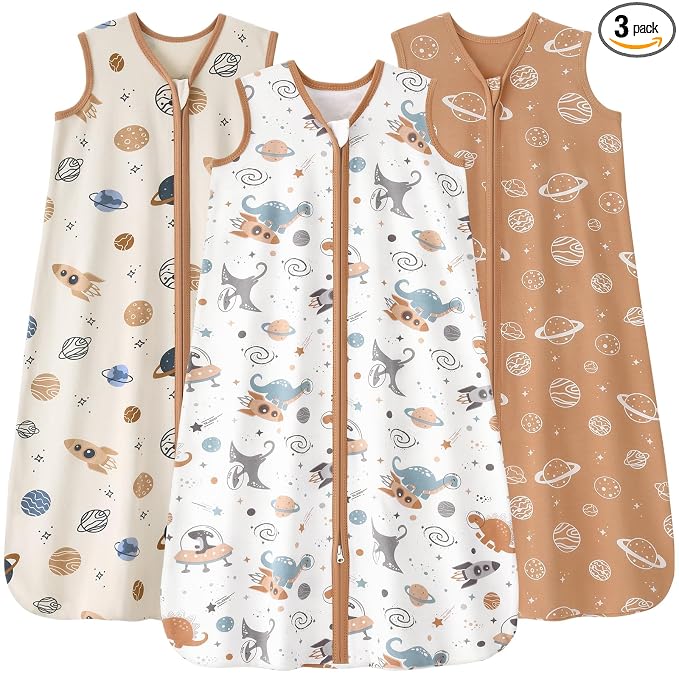 Baby Sleep Sack 18-24 months, 100% Cotton Sleeping Sack for Newborn and Infant, 3 Pack Baby Wearable Blanket for Boy and Girl, 0.5 Tog Lightweight Double Zipper Sleep Bag Coffee Dinosaur Planet