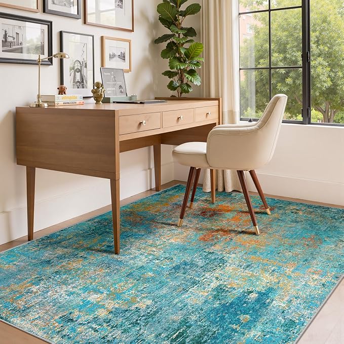 RELEANY Washable Area Rugs 6'x9' Non-Slip Modern Abstract Soft for Living Room Entryway Bedroom Kitchen, Print Pattern, Teal Blue Green Orange Rust Red Coloreful