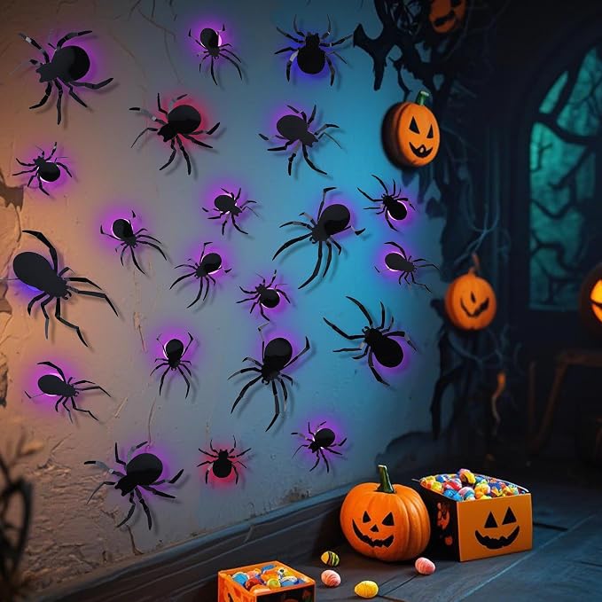 DR.DUDU 36 Pack Halloween Wall Decor Light up Spiders Window Decorations | Multi-Color LEDs, 3D Spider Stickers, Removable Wall Decals, Assorted Sizes, For Indoor Outdoor Bathroom Home Party