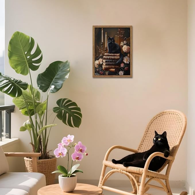 Vintage Dark Academia Framed Wall Art, Victorian Black Cat Floral Canvas Prints, Antique Book Wildflower Gothic Wall Decor for Living Room Gallery Library – Dark Wooden Frame 8x10in