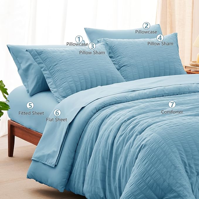 CozyLux King Size Comforter Set Sky Blue Seersucker 7 Pieces Bed in a Bag King Comforter Set with Sheets, Luxury Soft Bedding Sets with Down Alternative Comforter, Sheets, Pillowcases & Shams