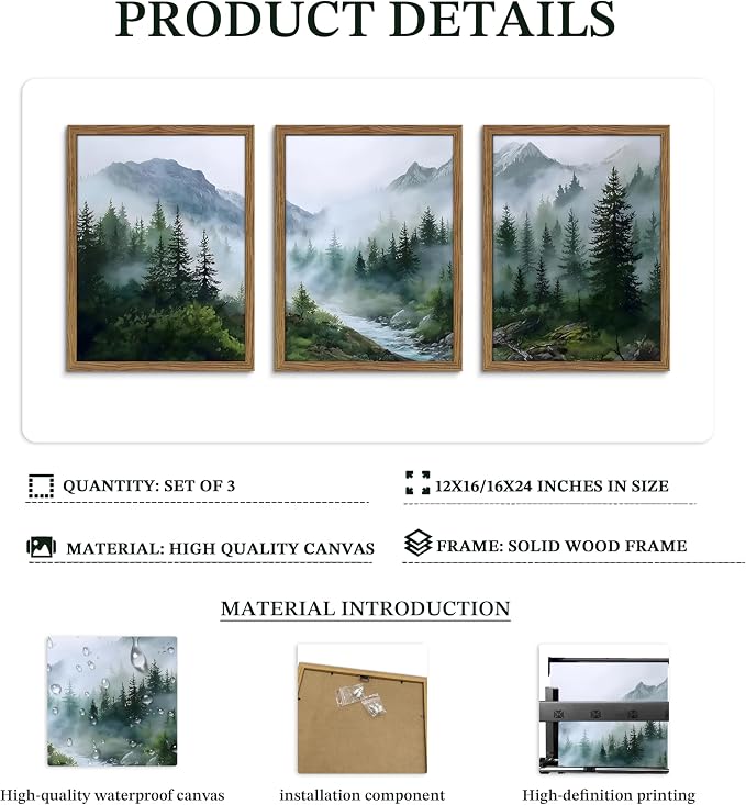 Framed Forest Wall Art Set of 3, Misty Mountain Landscape Canvas Wall Decor Paintings, Nature Tree River Scenery Artwork Prints Pictures for Living Room Bedroom Office 12x16 Inch