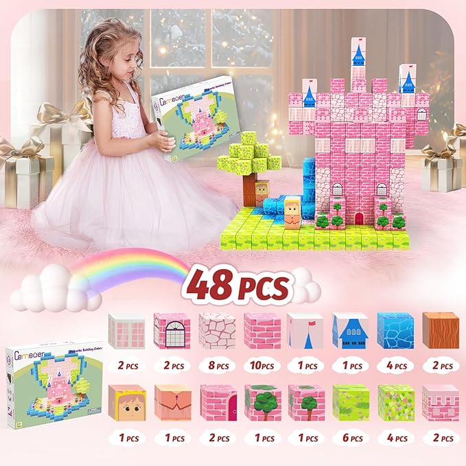 Magnetic Blocks, 48PCS 1inch Magnetic Building Cube Toys of Princess Castle Theme for Kids Boys Girls, Stacking Magnets for Kids, Birthday Gifts for Boys and Girls Age 3+ Years Old