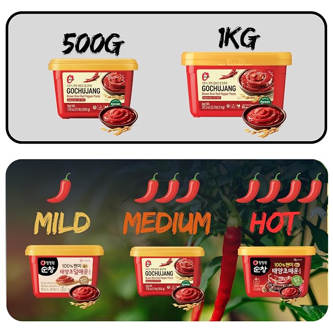 Gochujang – Premium Korean Red Chili Paste [ Medium | 1.1 lb (500g) ] – 0 Fat/ 0 Cholesterol / (40 Calories/Serving) | Spicy & Sweet Savory Fermented Sauce | Great for Bibimbap, Marinades, Stews & BBQ - O’food