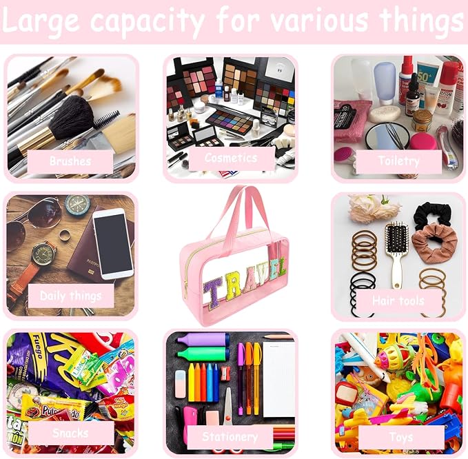 Bunliuys Chenille Letter Clear Makeup Bag Travel Patch, Travel Toiletry Makeup Bag with Handle, Nylon Waterproof Makeup Bags clear cosmetic bag, preppy patch makeup bag for Women (TRAVEL-Pink)