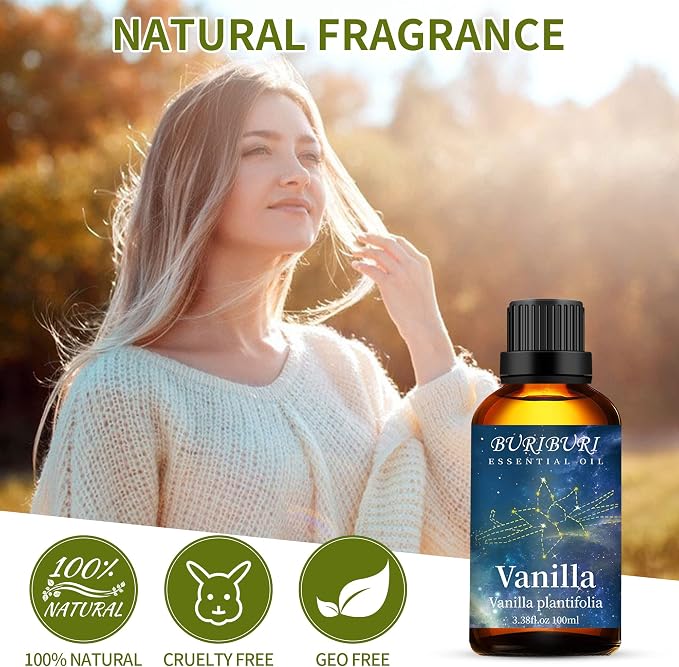 BURIBURI Pure Vanilla Essential Oil and Coconut Oil 100ml Organic Aromatherapy Oils 3.38 fl.oz Coconut Essential Oil for Diffuser Humidifier