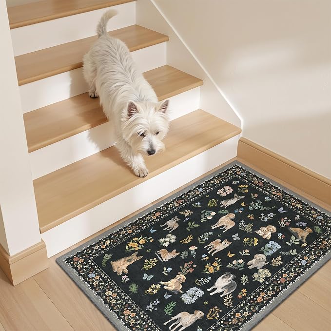 Soalmost 2x3 Dog Rugs for Entryway, Washable Door Mat Animal Soft Rug Black | Floral Small Cute Area Rug Non-Slip Low Pile Throw Rugs for Entrance Kitchen Indoor Front Door Kids Room 2' x 3'
