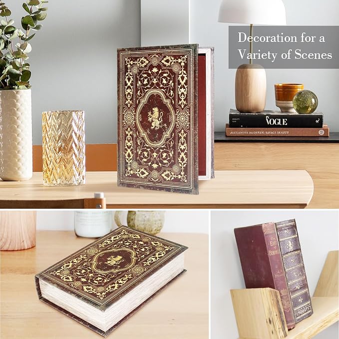 Faux Leather Decorative Book Storage Box with Embossed Lion Crest | Vintage Look Hidden Keepsake Box for Jewelry, Letters & Valuables, Elegant Home Office Shelf Decor (Reddish Brown)