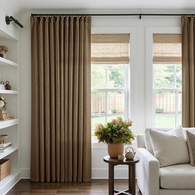 Extra Wide 102 Inch Long Curtains 70 Inch Wide Pinch Pleat Linen Curtains for Living Room Bedroom Light Filtering Privacy Pleated Drapes Hooks Rings Back Tab for Sliding Door Dutch Cocoa 1 Panel
