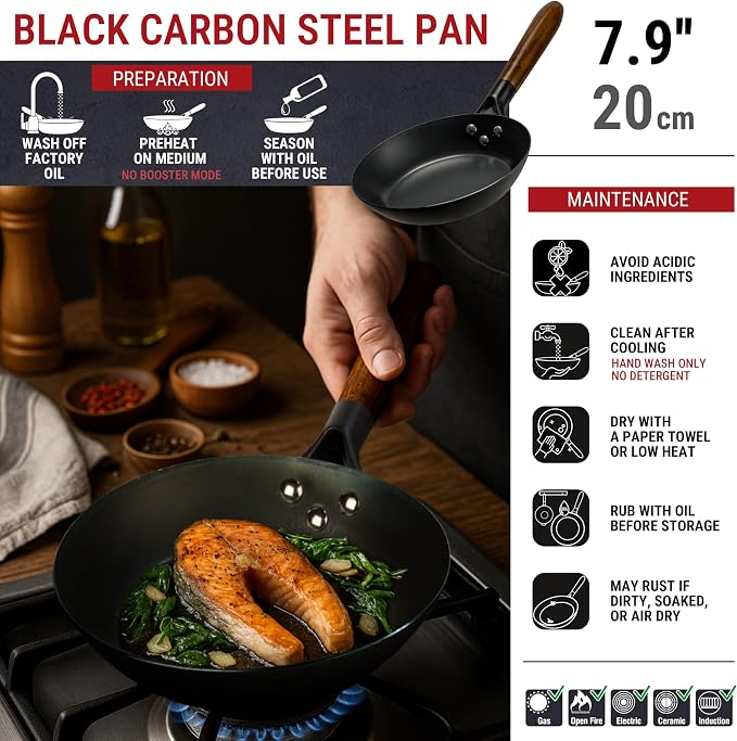 YOSUKATA 7.9" Carbon Steel Frying Pan – Non-Toxic Pre-Seasoned Skillet with Removable Wooden Handle – Coating-Free Wok-Style Pan for Gas, Induction, Electric, Oven & Grill BBQ