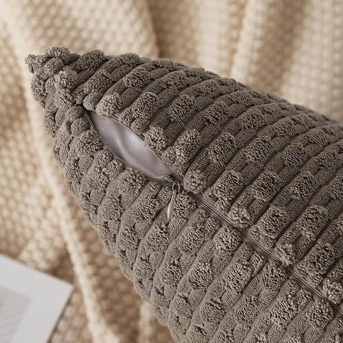 Kevin Textile Soft Corduroy 14"x22" Lumbar Pillow Cover 1 Pack, Light Brown | Boho Stripe Plush Corduroy Decorative Oblong Cushion Cover Modern Farmhouse Home Decor for Sofa Couch Bed Chair