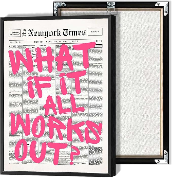 Drimiler Retro Newspaper Pink Font Poster What If It All Works Out Canvas Wall Art Positive Affirming Quote Minimalist Prints Painting For Home Bedroom Dorm Wall Decor 12x16in Framed