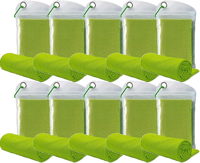 10 Pack Cooling Towels Bulk Microfiber Ice Towel Quick Dry Breathable Chilly Sweat Towel Stay Cool Towel for Neck Face Yoga Gym Workout Running Pilates Beach with Carabin Bag, 40x12'', Green