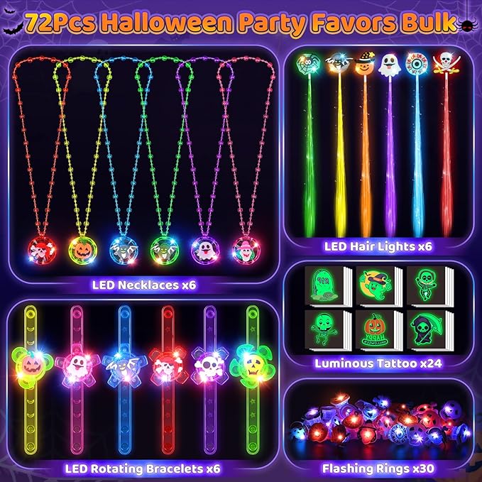 Halloween Party Favors for Kids, 72 Light Up Rings Necklaces Temporary Tattoos Rotating Bracelets Hair Lights, Halloween Trick or Treat Toys Gifts, Goodie Bag Stuffers, Halloween Toys Prizes Bulk