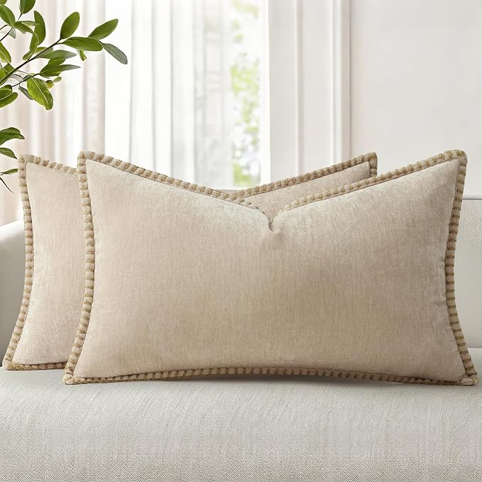 decorUhome Soft Chenille Throw Pillow Covers 12x20 Set of 2 Beige | Fall Textured Decorative Throw Pillow Cases Stitched Edge Modern Farmhouse Luxury Boho Velvet for Couch Sofa Bed Home Decor