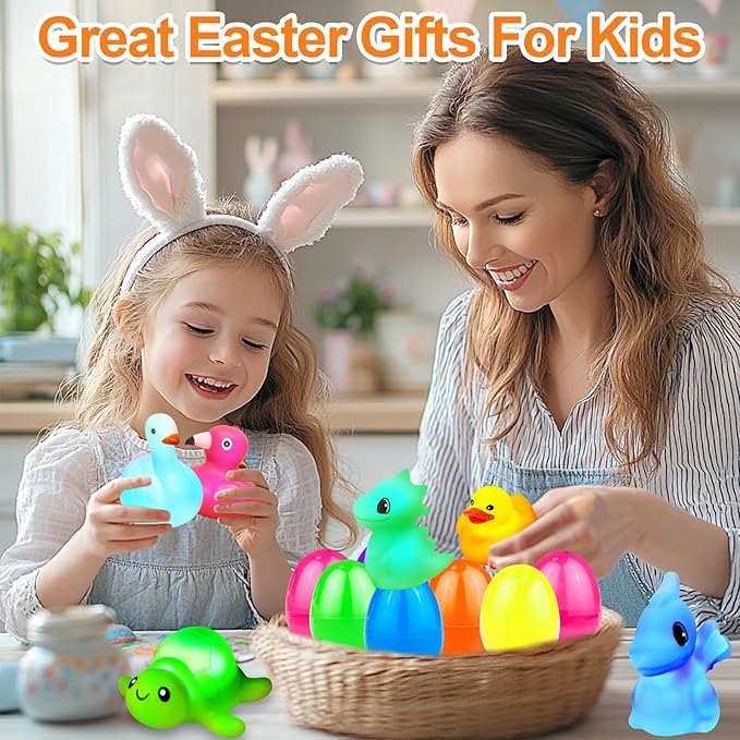 6 Pack 3.5" Large Easter Eggs Filled with Light Up Animal Floating Bath Toys, Plastic Easter Eggs with Dinosaur, Duck Toys Inside for Kids Toddlers Easter Basket Stuffers Fillers Gift Party Favors