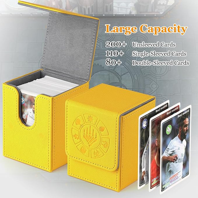 Arkeiliy Card Deck Box, 110+ Storage MTG Deck Box with 50 Pcs Card Sleeve, Collectible Trading Card Cases for Magic Commander and More (Yellow)