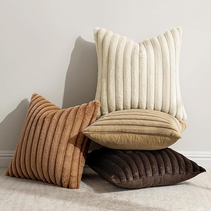 MIULEE Faux Fur Plush Decorative Throw Pillow Covers 20x20, Brown | Set of 4, Fall, Striped, Soft Boho Farmhouse Rustic Cozy Home Decor, Cushion Cases for Sofa Couch Bed Living Room