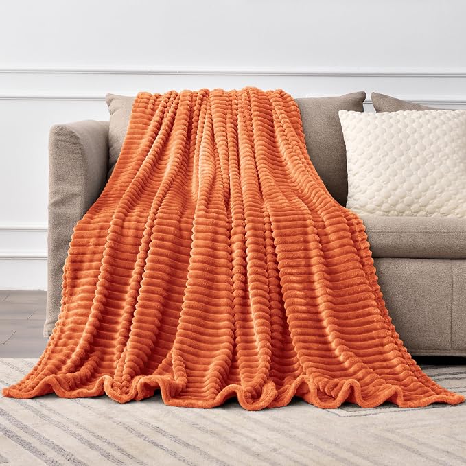 BEDELITE Ribbed Jacquard Burt Orange King Size Blanket for Bed, 108x90 Inch | Soft Warm Decorative Fluffy Blanket, Cozy Fuzzy Lightweight Plush Fleece Throw Blankets for Bed, Room Decor, Gift for Women